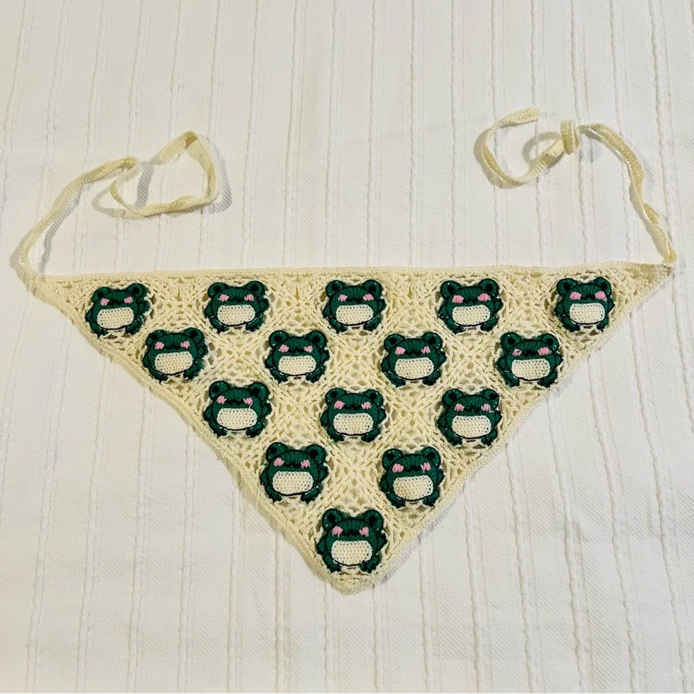Cream and Green Crochet Hair Scarf - Picture 1 of 6